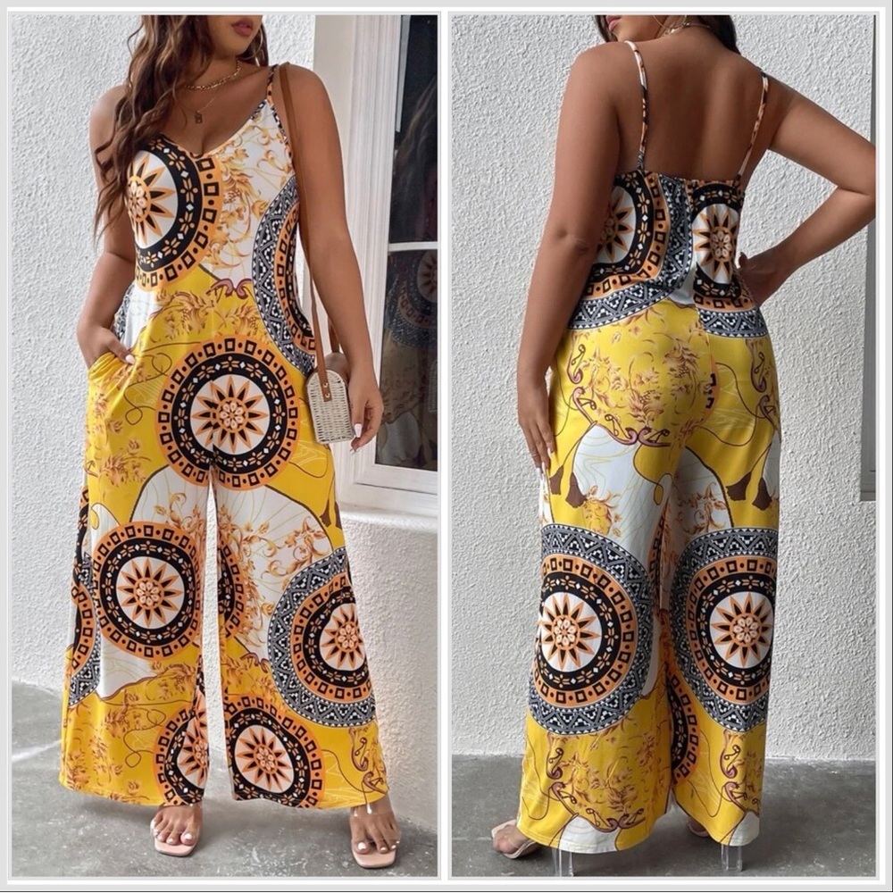 VCAY Plus Mandala Print Wide Leg Cami Jumpsuit